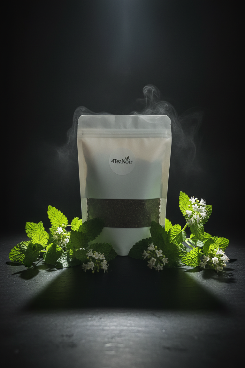 Mysterieuze 4TeaNoir met Citroenmelisse en witte bloemen