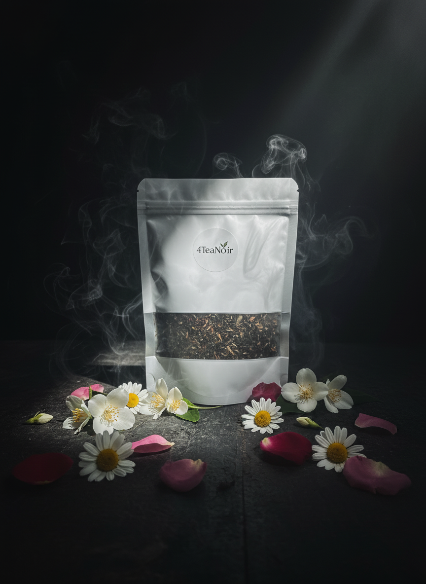 Mysterieuze 4TeaNoir met jasmijn, kamille en rozenblaadjes