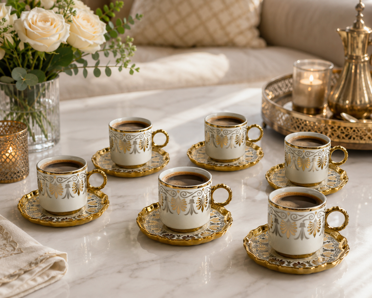 Luxe Turks koffiekopjesset voor 6 – Wit porselein met gouden accenten en bijpassende schoteltjes