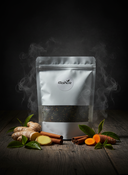 Mysterieuze 4TeaNoir met gember, kaneel, kurkuma en groene thee